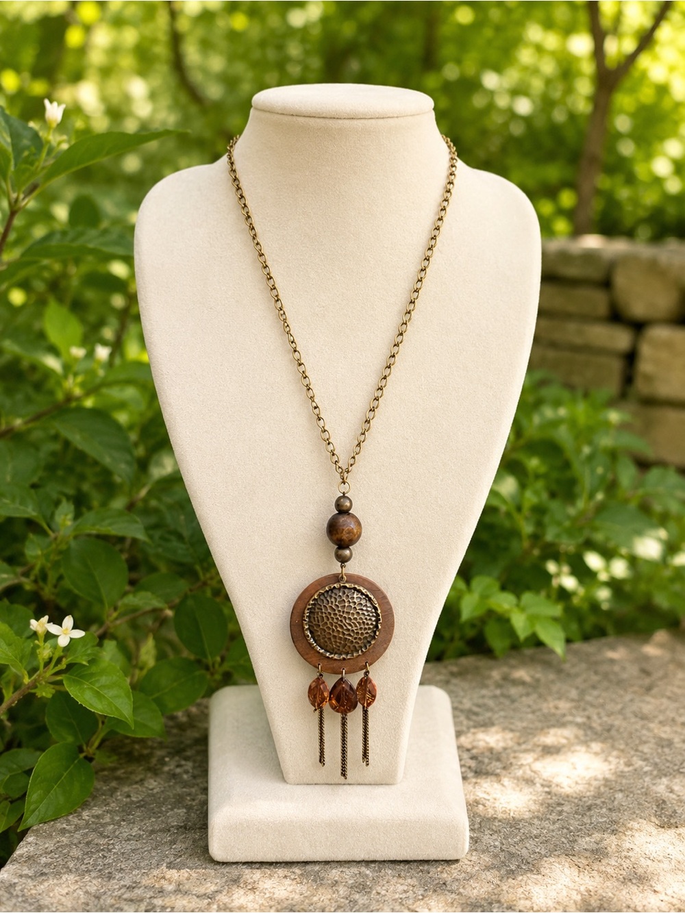 EUC Vintage BCX Boho Wood Medallion Tassel Faux Crystal Brass Pendant Necklace